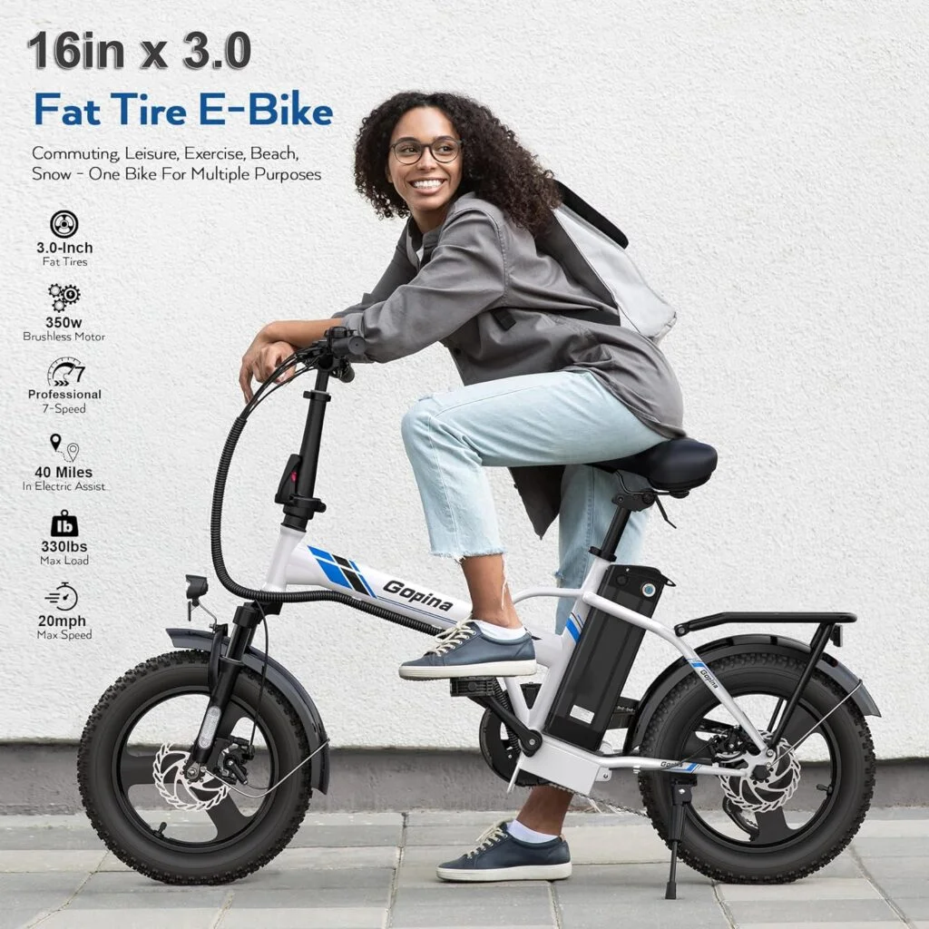 Folding Electric Bike for Adults, 16 x 3.0 Fat Tire Electric Bike, 350W Commuter Ebike Foldable, 20mph Electric Bicycle, 48V Removable Battery, Up to 40 Miles, Smart LCD Display, Professional 7 Speed